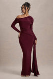 Valina Burgundy Ruched Asymmetric Maxi Dress With Drape