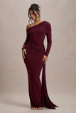 Valina Burgundy Ruched Asymmetric Maxi Dress With Drape