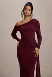 Valina Burgundy Ruched Asymmetric Maxi Dress With Drape