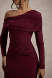 Valina Burgundy Ruched Asymmetric Maxi Dress With Drape