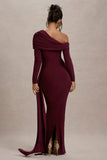 Valina Burgundy Ruched Asymmetric Maxi Dress With Drape