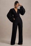 Calamina Black Lace Plunge-Neck Wide-Leg Jumpsuit