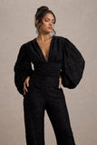 Calamina Black Lace Plunge-Neck Wide-Leg Jumpsuit