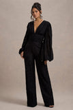 Calamina Black Lace Plunge-Neck Wide-Leg Jumpsuit