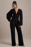 Calamina Black Lace Plunge-Neck Wide-Leg Jumpsuit
