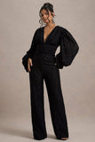 Calamina Black Lace Plunge-Neck Wide-Leg Jumpsuit