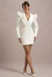 Landon Off-White Tailored Blazer Mini Dress With Puff Sleeves