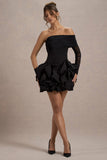 Regatta Black Asymmetric Mesh Sleeve Ruffle Mini Dress