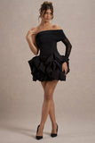 Regatta Black Asymmetric Mesh Sleeve Ruffle Mini Dress