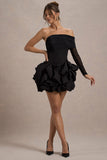 Regatta Black Asymmetric Mesh Sleeve Ruffle Mini Dress