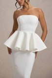 First Dance White Bandeau Peplum Midi Dress