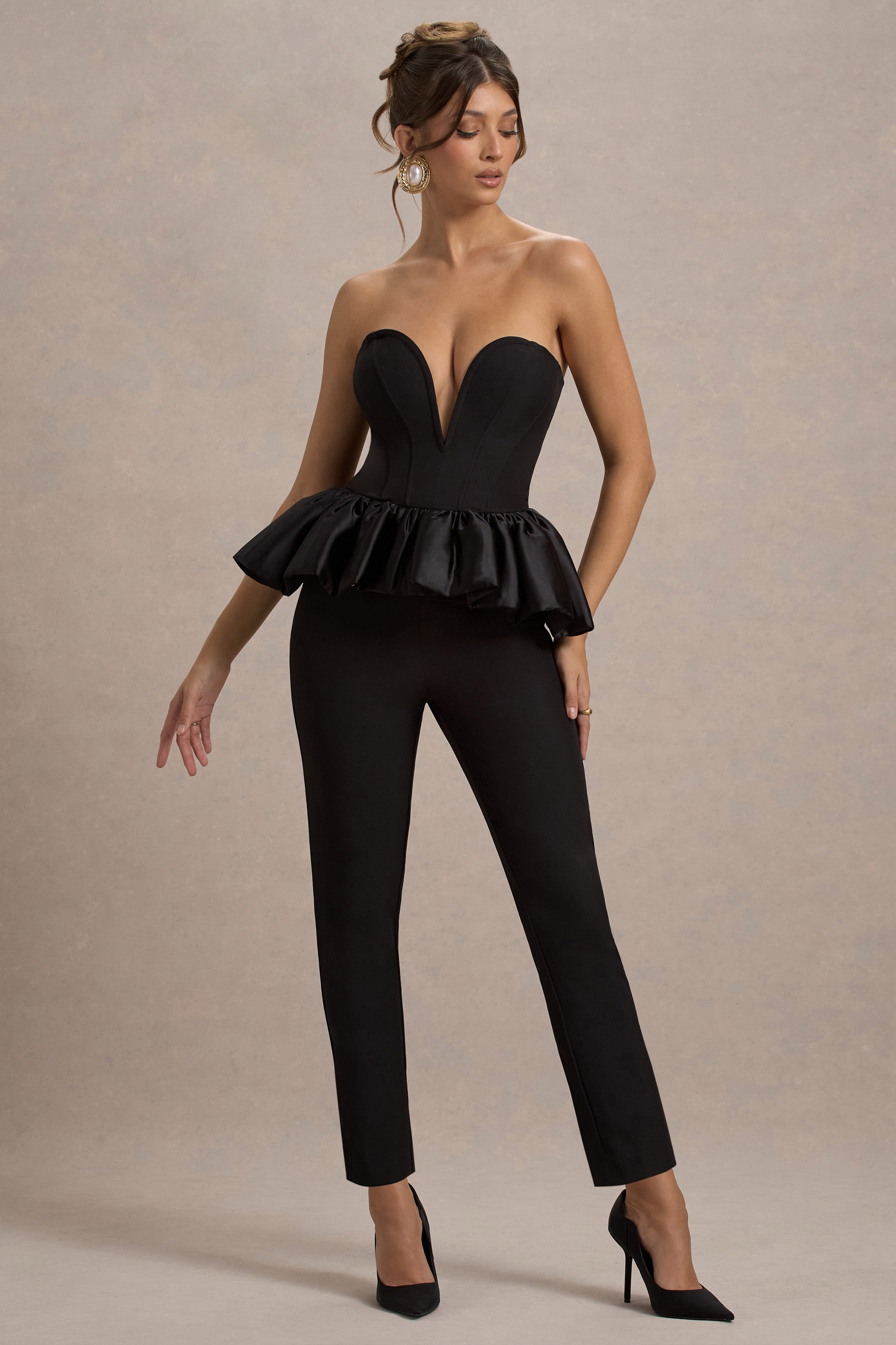 Idaho Black Sweetheart Corset Jumpsuit With Satin Peplum