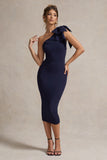 Ambretta Navy One-Shoulder Midi Dress With Bow