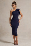Ambretta Navy One-Shoulder Midi Dress With Bow