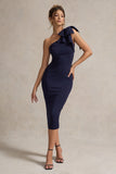 Ambretta Navy One-Shoulder Midi Dress With Bow