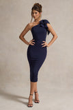 Ambretta Navy One-Shoulder Midi Dress With Bow