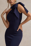 Ambretta Navy One-Shoulder Midi Dress With Bow