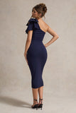 Ambretta Navy One-Shoulder Midi Dress With Bow