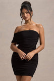 Tampa Black Ruched Asymmetric Bardot Mini Dress