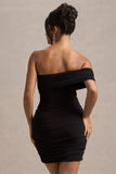 Tampa Black Ruched Asymmetric Bardot Mini Dress