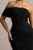 Tampa Black Ruched Asymmetric Bardot Mini Dress