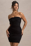 Tampa Black Ruched Asymmetric Bardot Mini Dress