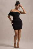Tampa Black Ruched Asymmetric Bardot Mini Dress