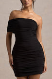 Tampa Black Ruched Asymmetric Bardot Mini Dress