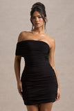 Tampa Black Ruched Asymmetric Bardot Mini Dress