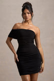 Tampa Black Ruched Asymmetric Bardot Mini Dress