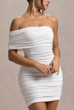 Tampa White Ruched Asymmetric Bardot Mini Dress