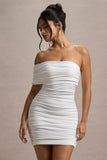 Tampa White Ruched Asymmetric Bardot Mini Dress