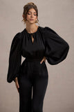 Suzanna Black Satin Puff-Sleeve Wide-Leg Jumpsuit