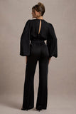 Suzanna Black Satin Puff-Sleeve Wide-Leg Jumpsuit