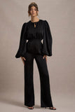 Suzanna Black Satin Puff-Sleeve Wide-Leg Jumpsuit