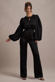 Suzanna Black Satin Puff-Sleeve Wide-Leg Jumpsuit