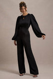 Suzanna Black Satin Puff-Sleeve Wide-Leg Jumpsuit
