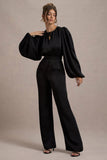 Suzanna Black Satin Puff-Sleeve Wide-Leg Jumpsuit