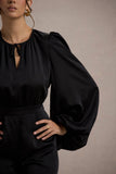 Suzanna Black Satin Puff-Sleeve Wide-Leg Jumpsuit