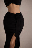 Kavi Black Ruched Split Maxi Skirt