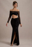 Kavi Black Ruched Split Maxi Skirt