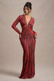 Mamba Red Snake Print Plunge-Neck Long-Sleeve Maxi Dress