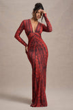 Mamba Red Snake Print Plunge-Neck Long-Sleeve Maxi Dress