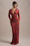 Mamba Red Snake Print Plunge-Neck Long-Sleeve Maxi Dress