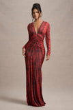 Mamba Red Snake Print Plunge-Neck Long-Sleeve Maxi Dress