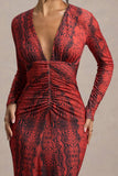 Mamba Red Snake Print Plunge-Neck Long-Sleeve Maxi Dress