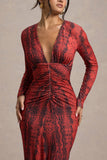 Mamba Red Snake Print Plunge-Neck Long-Sleeve Maxi Dress