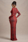 Mamba Red Snake Print Plunge-Neck Long-Sleeve Maxi Dress