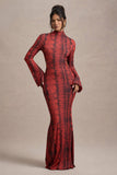 Arabia Red Snake Print High-Neck Cut-Out Maxi Dress