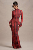 Arabia Red Snake Print High-Neck Cut-Out Maxi Dress